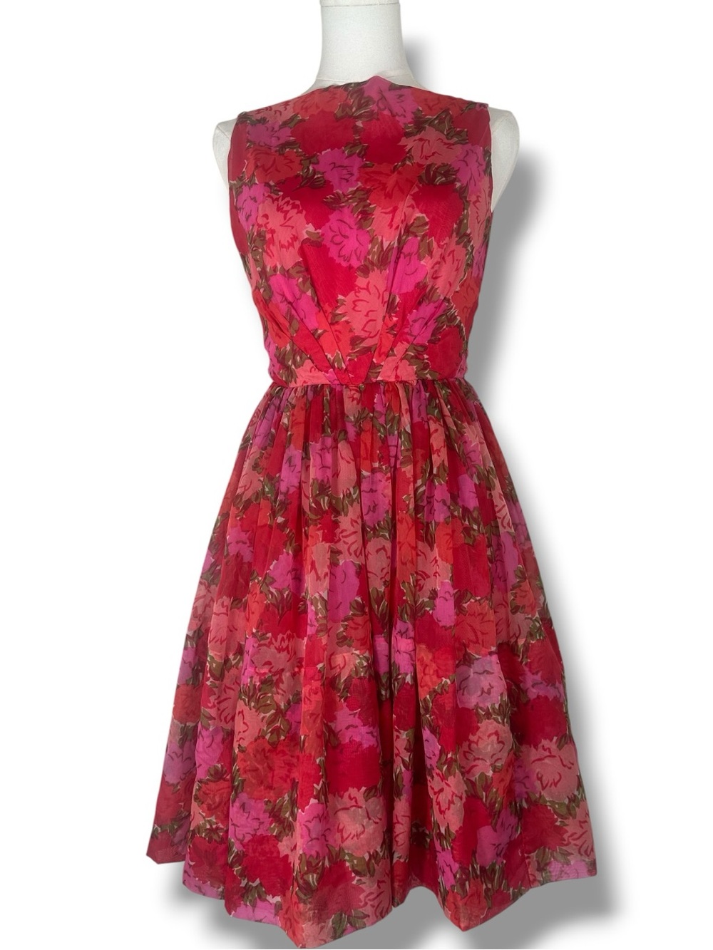 Vintage Red and Pink Floral Sleeveless Midi Dress size 2/4